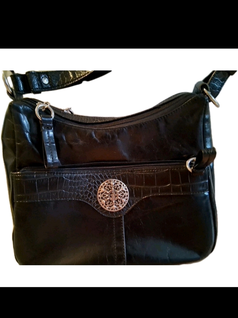 Giani Bernini Black Leather Crossbody Bag | Croc Detail | Silver Hardware 🩶🖤